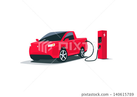 Modern Electric Pickup Truck Car Charging Parking at the Charger Station Modern Electric Pickup Truck Car Charging Parking at the Charger Station 140615789