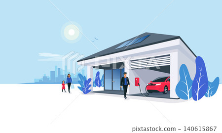 Electric Car Charging at Home Garage Wall Box with Solar Panels Power Station Electric Car Charging at Home Garage Wall Box with Solar Panels Power Station 140615867
