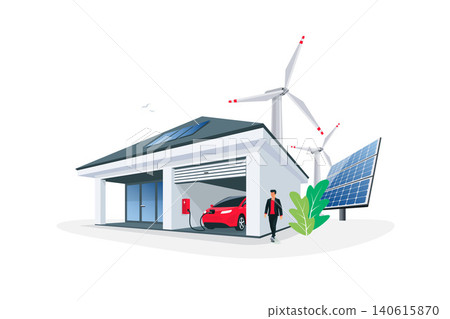Electric Car Charging at Home Garage Wall Box with Solar Panels and Wind Power Station Electric Car Charging at Home Garage Wall Box with Solar Panels and Wind Power Station 140615870