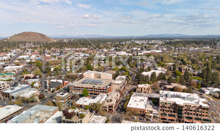 Aerial View of Downtown Bend Oregon City Skyline with Pilot Butte in Background Aerial View of Downtown Bend Oregon City Skyline with Pilot Butte in Background 140616322