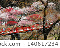 A red bridge and peach blossoms in three colors. 140617234