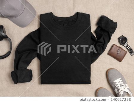 Blank black unisex sweatshirt mockup, folded crewneck flat lay with denim jeans and mens accessories Blank black unisex sweatshirt mockup, folded crewneck flat lay with denim jeans and mens accessories 140617258