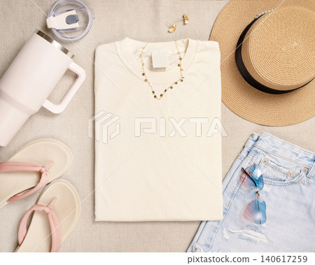 Blank light yellow folded shirt mockup with woman summer accessories, template for print on demand Blank light yellow folded shirt mockup with woman summer accessories, template for print on demand 140617259