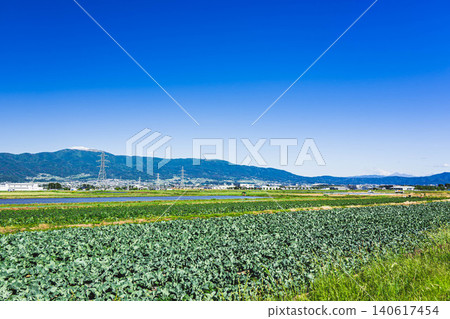 The rural landscape of Hata and the Yatsugatake mountain range visible in the distance. 140617454