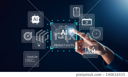 AI productivity task management checklist system digital innovation business performance efficiency improves as professional touches glowing digital interface with virtual brain icons 140618333