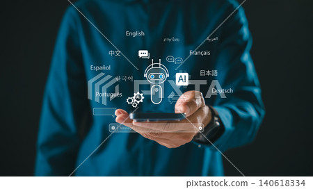 AI chatbot multilingual language support provides global communication using smart artificial intelligence assistant technology to help people across various world regions easily and quickly 140618334