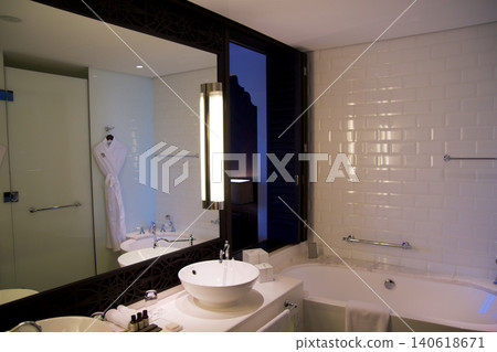 Fujairah, United Arab Emirates, November 04 2017: Bathroom with light tiles in luxury hotel 140618671