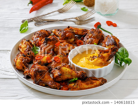 Char-grilled chicken wings on a plate with sauce Char-grilled chicken wings on a plate with sauce 140618815