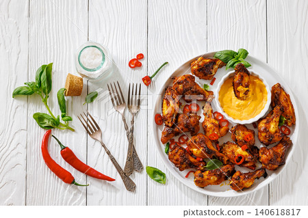 Roasted chicken wings appetizer with dip on plate Roasted chicken wings appetizer with dip on plate 140618817