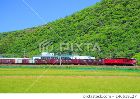 一列由 EF510 型機車牽引的貨運列車飛馳在初夏鬱鬱蔥蔥的鄉村。 一列由 EF510 型機車牽引的貨運列車飛馳在初夏鬱鬱蔥蔥的鄉村。 140619127