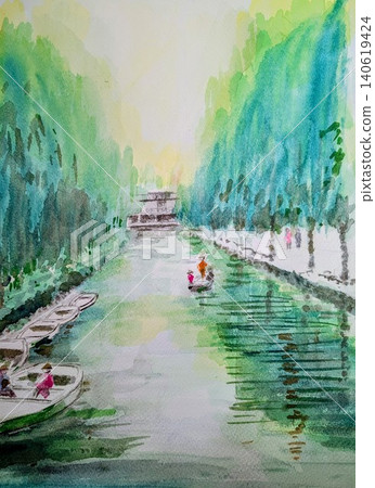 一幅描繪河流流經柳川運河的水彩畫。 一幅描繪河流流經柳川運河的水彩畫。 140619424