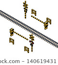 Isometric illustration of a railway crossing gate and tracks. Railway and transportation infrastructure material. 140619431