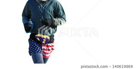 One Runner Wearing American Flag Shorts on a white background One Runner Wearing American Flag Shorts on a white background 140619869