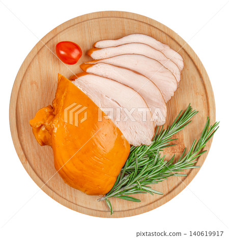 Sliced smoked chicken breast on wooden board isolated top view gourmet deli poultry composition 140619917
