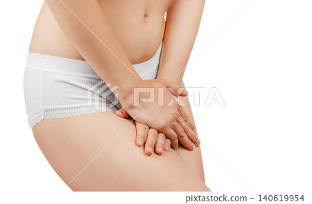 Woman holding groin with pain isolated on white background, intimate health and urinary infection concept Woman holding groin with pain isolated on white background, intimate health and urinary infection concept 140619954