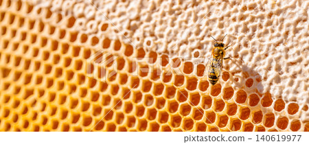 Honey bee on honeycomb with capped wax cells, macro beekeeping and natural honey production Honey bee on honeycomb with capped wax cells, macro beekeeping and natural honey production 140619977