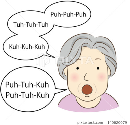 An elderly woman performing the Pataka exercise for oral function training in English. An elderly woman performing the Pataka exercise for oral function training in English. 140620079
