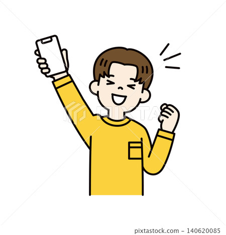 Vector illustration of the upper body of a young man/male student holding up a smartphone and making a triumphant gesture. 140620085