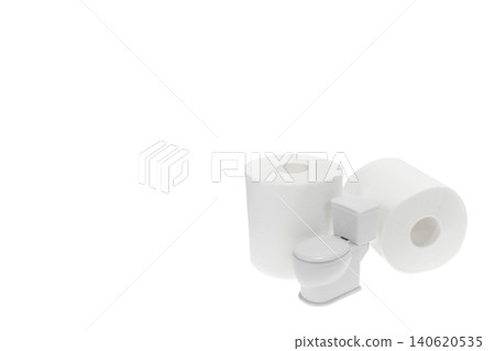 Miniature white toilet and white toilet paper Miniature white toilet and white toilet paper 140620535