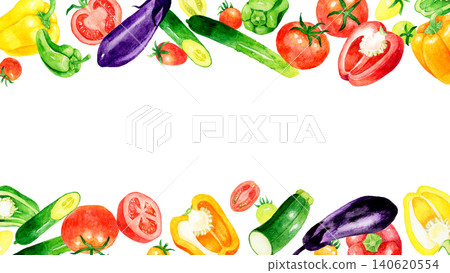 色彩繽紛的夏季蔬菜邊框 - 手繪水彩插畫背景素材 140620554