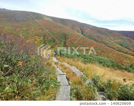 Mount Gassan in autumn, a mountain landscape with autumn foliage and a wooden boardwalk. Mount Gassan in autumn, a mountain landscape with autumn foliage and a wooden boardwalk. 140620609
