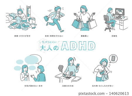 Illustration set of characteristics of adult ADHD (Attention Deficit Hyperactivity Disorder) (female version) Illustration set of characteristics of adult ADHD (Attention Deficit Hyperactivity Disorder) (female version) 140620613