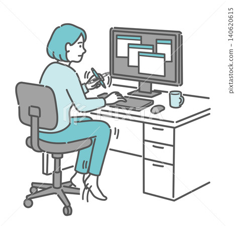 An illustration of a woman exhibiting characteristics of ADHD, specifically hyperactivity (leg shaking, pen twirling). An illustration of a woman exhibiting characteristics of ADHD, specifically hyperactivity (leg shaking, pen twirling). 140620615