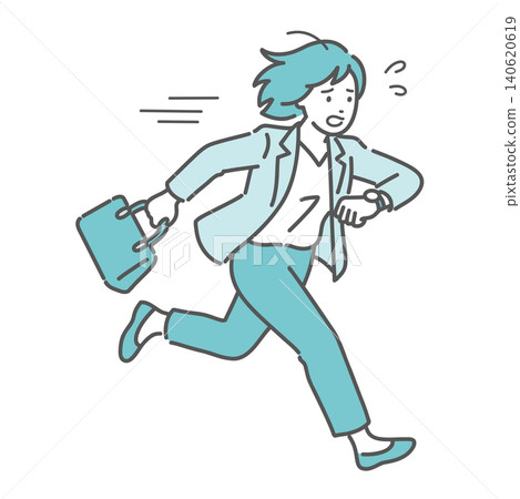 An illustration of a woman running in a panic because she's about to be late, illustrating the characteristics of ADHD. An illustration of a woman running in a panic because she's about to be late, illustrating the characteristics of ADHD. 140620619