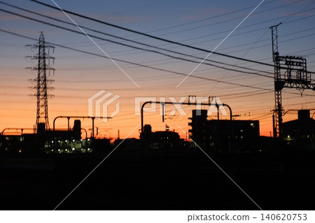 Evening view of the Onchi River with power lines 140620753