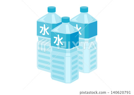 An illustration of three 2L plastic bottles of water. An illustration of three 2L plastic bottles of water. 140620791
