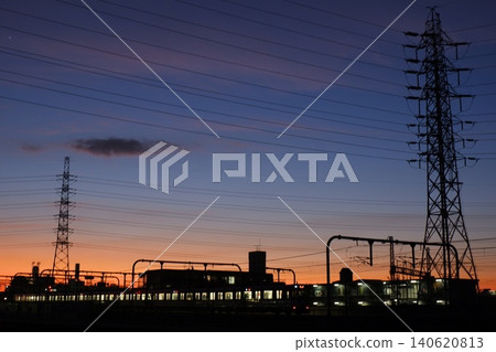 Sunset with power lines along the Onchi River 140620813