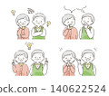 A set of illustrations depicting the problem-solving process of a senior couple (worrying, thinking, having an idea, solving). 140622524
