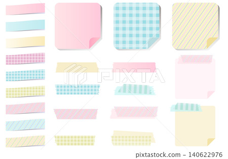 A set of illustrations featuring pastel-colored memo paper, sticky notes, and masking tape. A set of illustrations featuring pastel-colored memo paper, sticky notes, and masking tape. 140622976