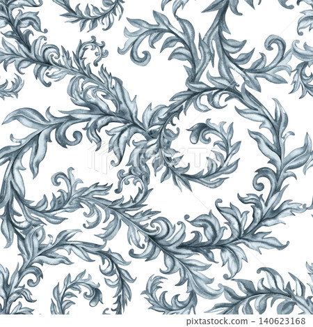 Seamless watercolor ornamental pattern featuring flowing botanical scrolls and decorative leaves. Ideal for luxury branding, wallpaper, stationery, wedding designs and textile projects 140623168