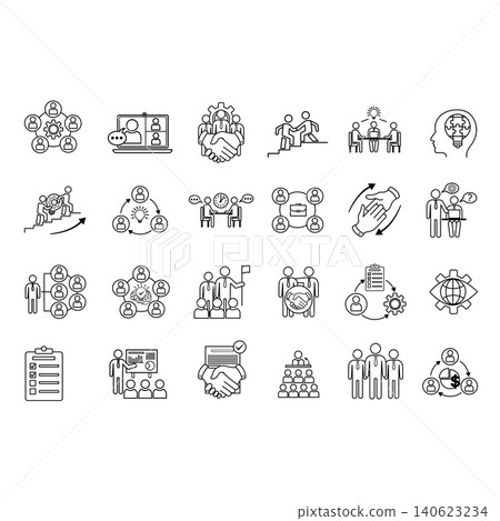 Set of Teamwork Icons. Vector Icons Collaboration, Webinar, Colleague, Team, Teamwork, Presentation, Meeting, Leadership, Brainstorming, and Other Set of Teamwork Icons. Vector Icons Collaboration, Webinar, Colleague, Team, Teamwork, Presentation, Meeting, Leadership, Brainstorming, and Other 140623234