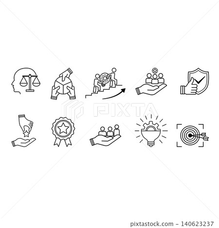 Set of Core Values Icons. Vector Icons Commitment, Innovation, Customers, Teamwork, Honesty, Goals, Responsibility, Reliability, Quality, and Inclusion Set of Core Values Icons. Vector Icons Commitment, Innovation, Customers, Teamwork, Honesty, Goals, Responsibility, Reliability, Quality, and Inclusion 140623237