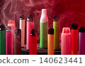Many disposable e-cigarettes standing in red smoke background. 140623441