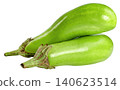 Two fresh long green eggplants stacked. Professional studio shot of organic Thai green aubergines or brinjal. Healthy food ingredient for vegan cooking and Asian cuisine. 140623514