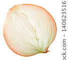 Half of a fresh yellow onion cut vertically, showing internal white layers and outer golden skin. High-quality macro shot isolated, ideal for food and culinary design projects. 140623516