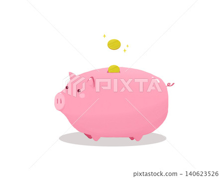 Coins and a cute pink pig piggy bank 140623526