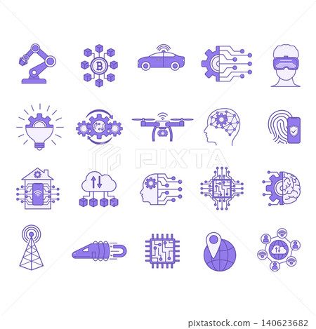 Colored Technology Icons. Vector Icons of Geolocation, Virtual Reality, Blockchain, Internet of Things, Robotics, Autonomous Car, Artificial Intelligence and Others Colored Technology Icons. Vector Icons of Geolocation, Virtual Reality, Blockchain, Internet of Things, Robotics, Autonomous Car, Artificial Intelligence and Others 140623682