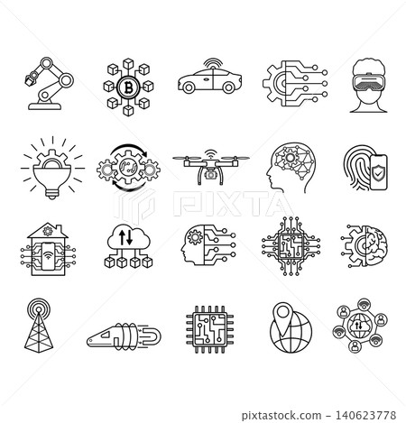 Technology Icons Set. Vector Icons of Geolocation, Virtual Reality, Blockchain, Internet of Things, Robotics, Autonomous Car, Artificial Intelligence and Others Technology Icons Set. Vector Icons of Geolocation, Virtual Reality, Blockchain, Internet of Things, Robotics, Autonomous Car, Artificial Intelligence and Others 140623778