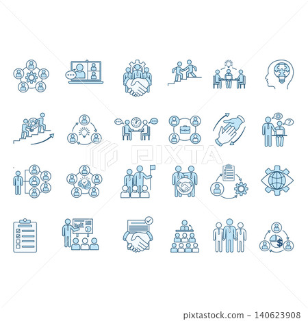 Colored Set of Teamwork Icons. Vector Icons Collaboration, Webinar, Colleague, Team, Teamwork, Presentation, Meeting, Leadership, Brainstorming, and Other Colored Set of Teamwork Icons. Vector Icons Collaboration, Webinar, Colleague, Team, Teamwork, Presentation, Meeting, Leadership, Brainstorming, and Other 140623908