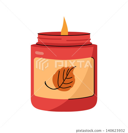 Autumn scented candle in a red jar with leaf label isolated vector illustration 140623932