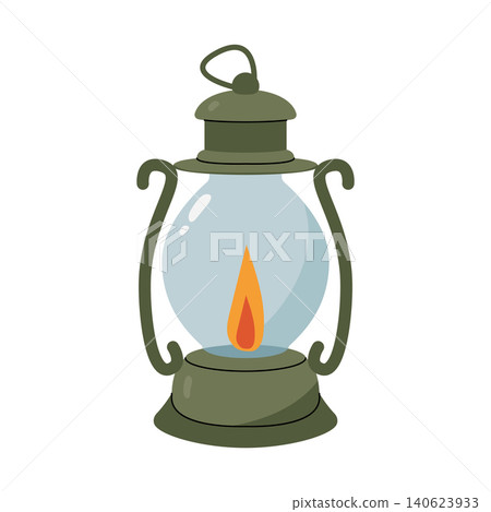 Classic green kerosene lamp oil lantern with burning flame isolated vector illustration 140623933