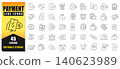 Payment Line Icon Set Featuring Contactless Payments, Mobile Wallets, NFC Transactions, Banking, Cryptocurrency, Invoices, E-Commerce, And Financial Services. Editable Stroke Vector Collection For Web 140623989