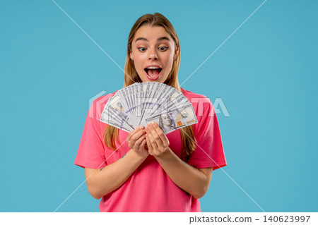 Rich Blonde Woman With Usd Cash Money Dollars Banknotes On Blue, Income Payment 140623997