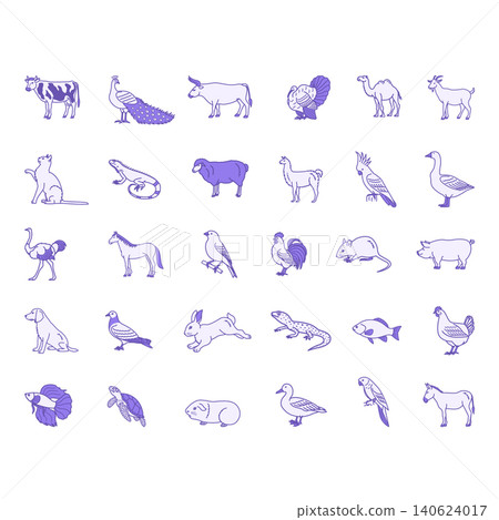 Colored Domestic Animals Icons. Vector Illustrations Cow, Peacock, Bull, Turkey, Camel, Goat, Cat, Iguana, Sheep, Llama, Parrot, Goose, Ostrich, Horse, Rabbit, Mouse, Pig and Others Colored Domestic Animals Icons. Vector Illustrations Cow, Peacock, Bull, Turkey, Camel, Goat, Cat, Iguana, Sheep, Llama, Parrot, Goose, Ostrich, Horse, Rabbit, Mouse, Pig and Others 140624017