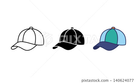 Baseball cap hat icon set outline silhouette and color vector isolated on white background Baseball cap hat icon set outline silhouette and color vector isolated on white background 140624077