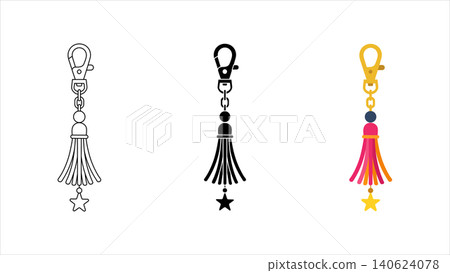 Keychain tassel charm with star icon set outline silhouette and color vector isolated on white background Keychain tassel charm with star icon set outline silhouette and color vector isolated on white background 140624078